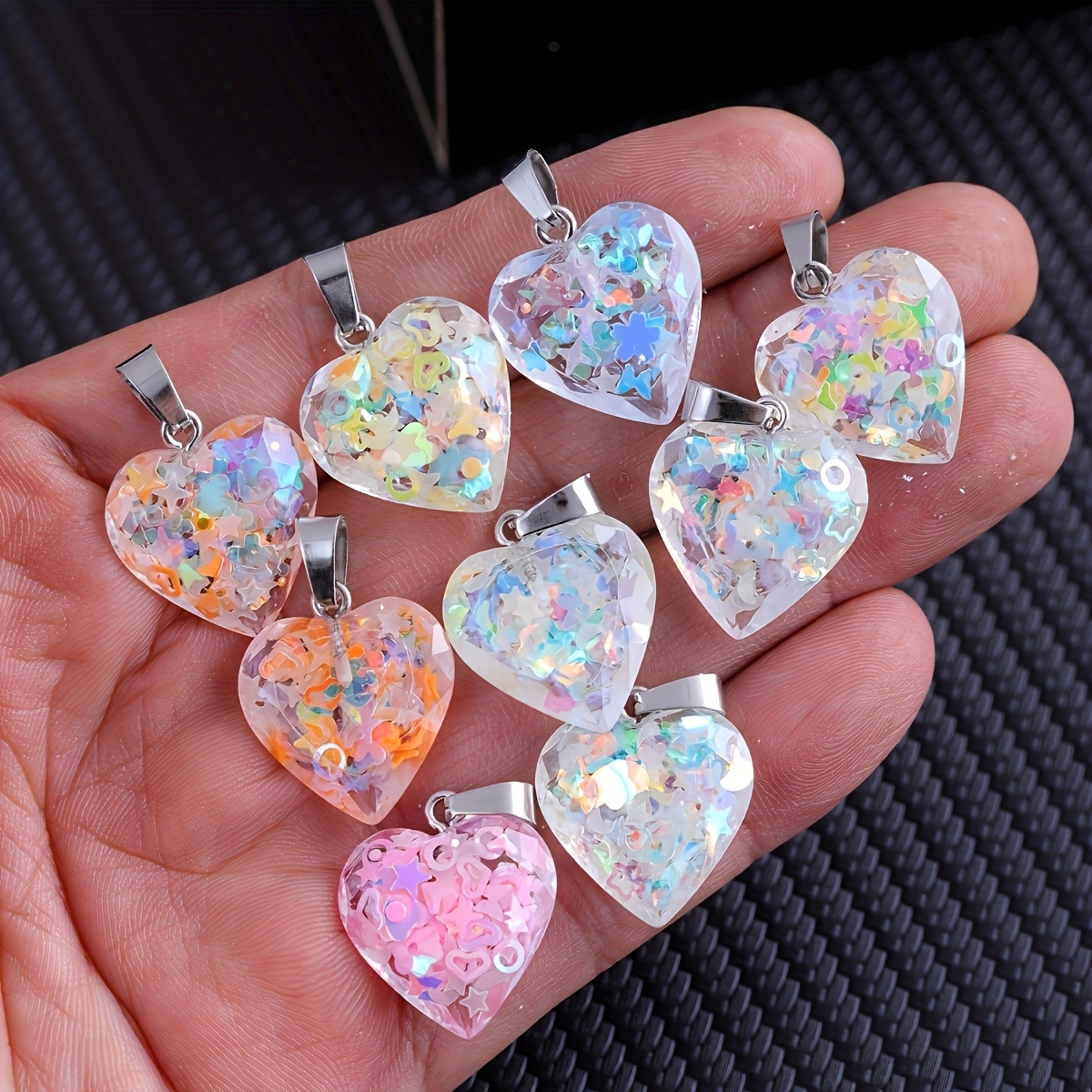 12pcs Resin Heart-Shaped Luminous Glitter Pendants Set